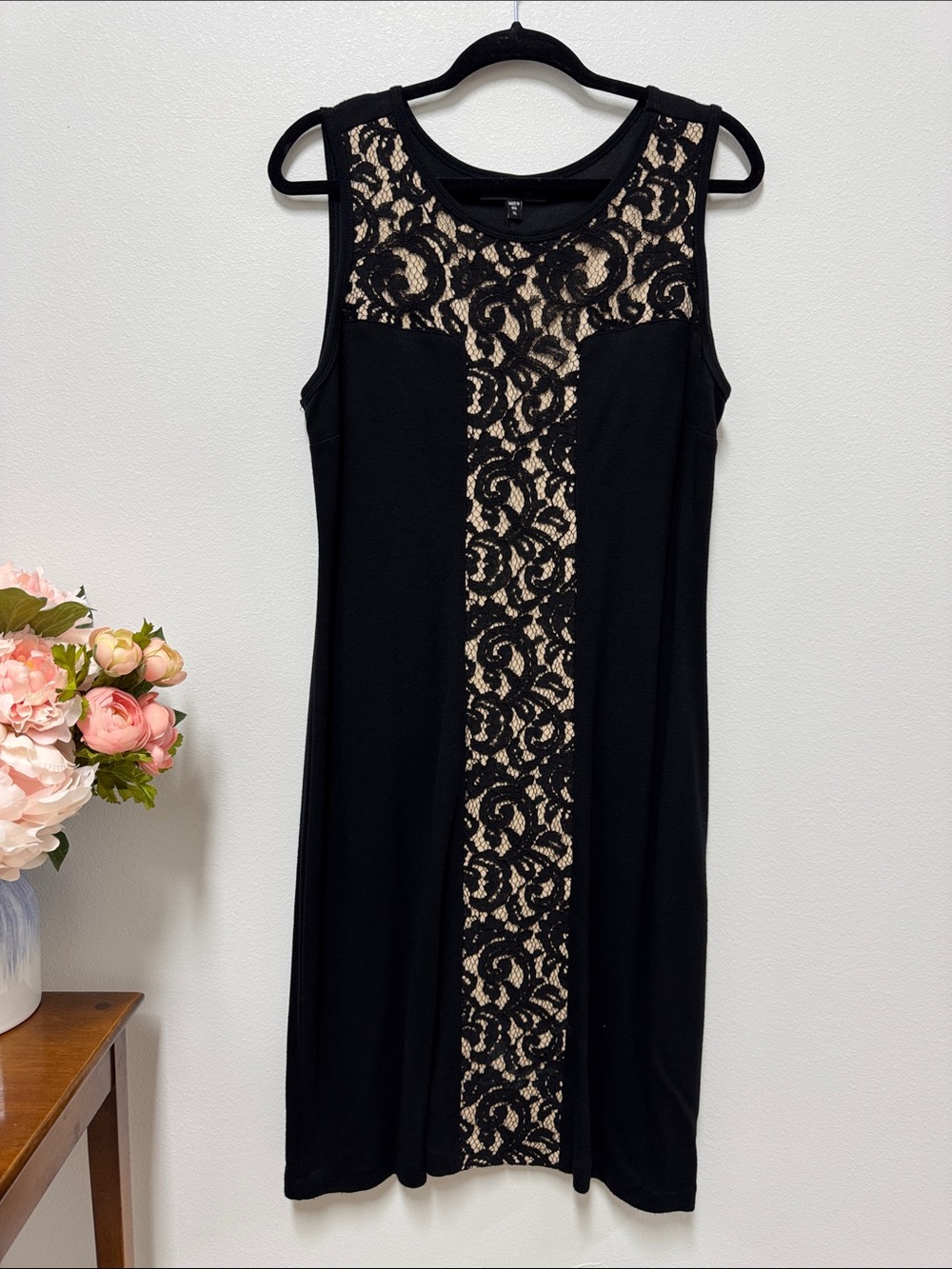Karen Kane Black Midi Dress with Nude Lace Panel